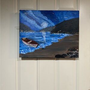 Blue and Brown Coastal Night Canvas Art